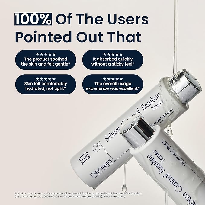 Dermela Sebum Control Bamboo Toner, 78% Bamboo Water with Niacinamide, Hyaluronic & Succinic Acids, Oil & Pore Control, 6.76 fl oz (200 mL) | Korean Toner for Oily, Combination & Sensitive Skin