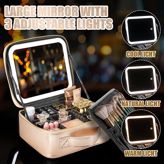 Extrei Gent Makeup Travel Train Case with Mirror LED Light 3 Adjustable Brightness Large Cosmetic Bag Portable Storage Adjustable Partition Waterproof Make up Brushes Makeup Jewelry Gift for Women