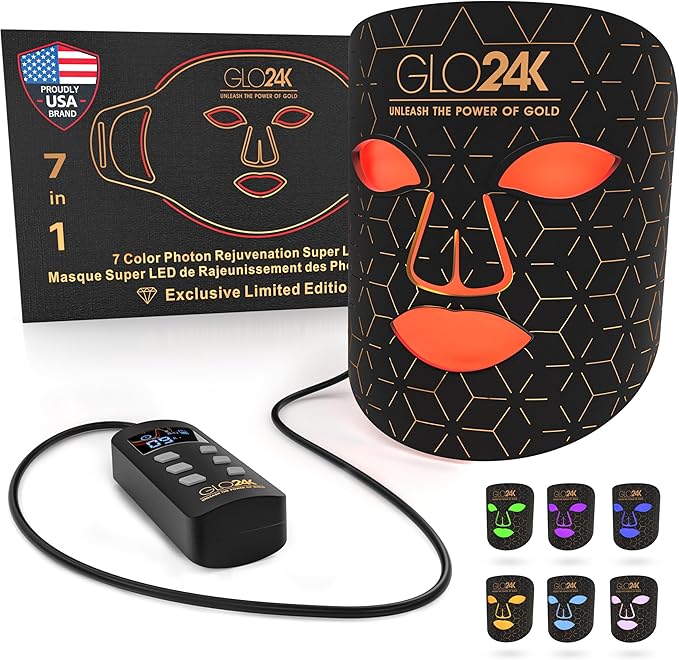 GLO24K LED Face Mask Light Therapy – Red Light Therapy Mask with 7 Color Modes, Infrared LED Facial Mask, Rechargeable Skin Care Device for At-Home Use