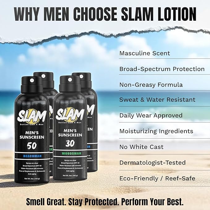 SLAM WoodsMan - Male Scented Sunscreen, SPF Sunscreen Spray, Water Resistant Sunscreen, Octinoxate & Oxybenzone Free, Broad Spectrum UVA/UVB Sunscreen, 5 Fl Oz (Pack of 1)