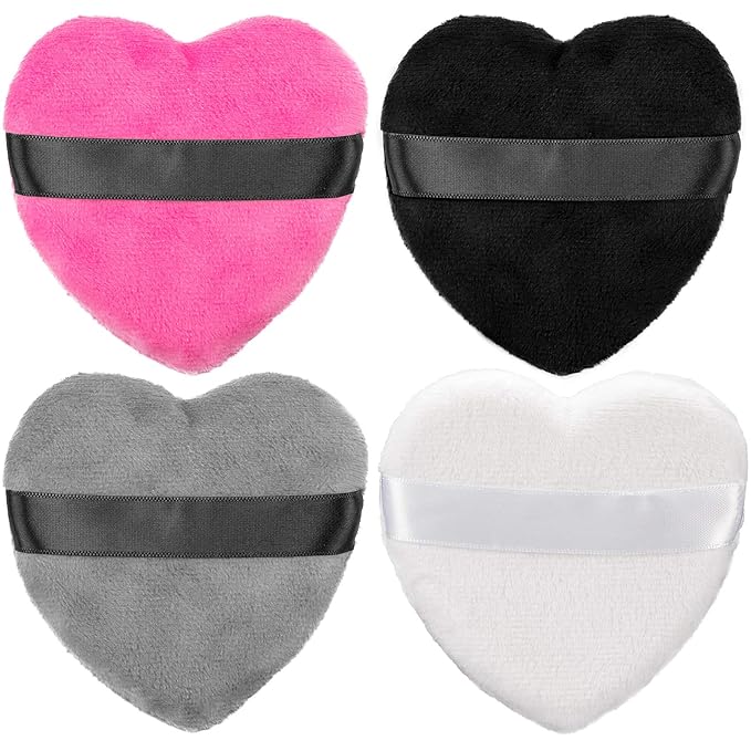 OIIKI 4PCS Makeup Puffs, Polyester Powder Puff, Makeup Tool Sponges Blender Cleanser, in Love Shape with Strap, for Cosmetic (Gray+White+Rose+Black)