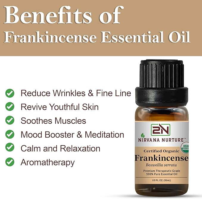 Nirvana Nurture Frankincense Essential Oil, USDA Certified Organic, 100% Pure Undiluted, Aromatherapy Oil for Diffuser, Hair & Skin Care
