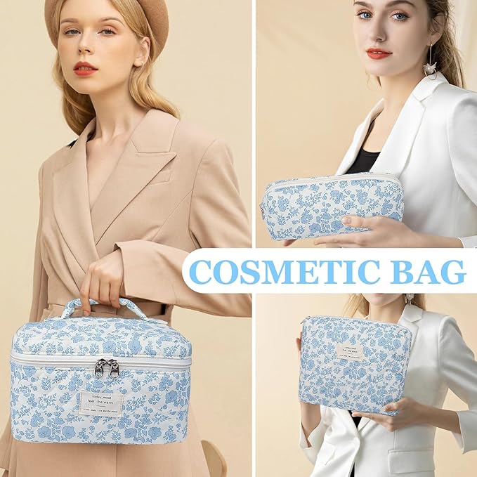 3pc Makeup Bag Set, Quilted Makeup Bag Set, Large Floral Cosmetic Bag for Women, Cute Cotton Makeup Bags, Flower Travel Toiletry Organizer Bag (Large Flower)