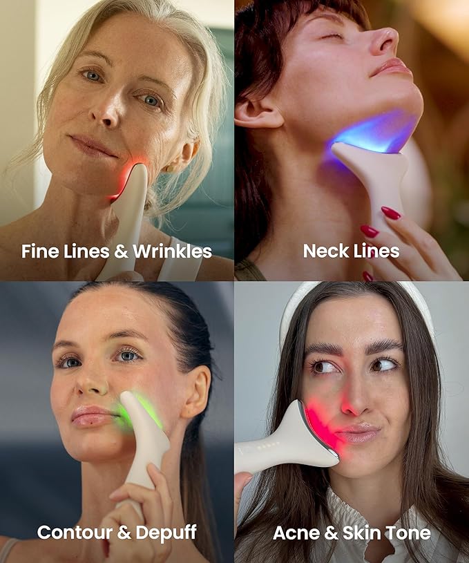 REVO Genie Facial Massager for Face and Neck, LED Beauty Device with Heat and Vibration, Depuffing Sculpting Tool with Red Blue Green Light Modes for Skincare Routine
