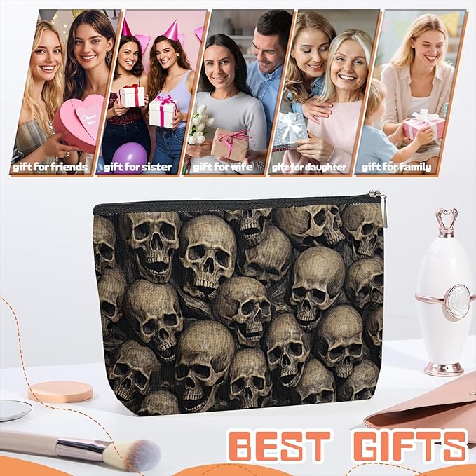 Scribesense Makeup Bag Travel Cosmetic Bags Small Makeup Case Waterproof Zipper Pouch for Women Girls 7X9inches - Array of Human Skulls in A Dark Setting