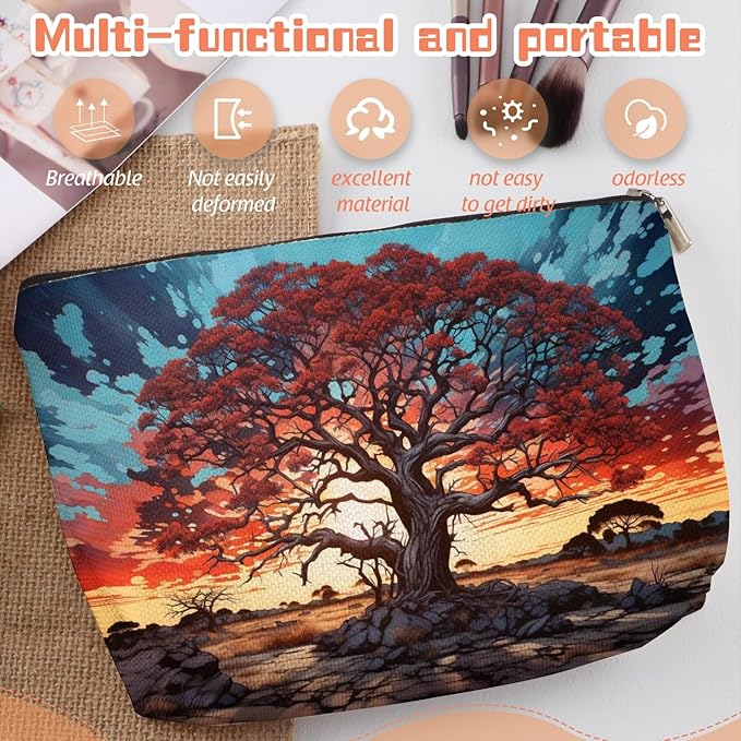 Scribesense Makeup Bag Travel Cosmetic Bags Small Makeup Case Waterproof Zipper Pouch for Women Girls 7X9inches - Gigantic Red Tree Against A Colorful Sky