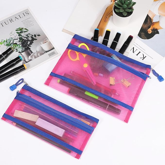Sinzip 12 Pieces Zipper Nylon Mesh Pouch, Mesh Cosmetic Bags Makeup Bags Pencil Case, Multipurpose Travel Bags for Cosmetic School Office Supplies and Travel Accessories (2 Layers-Hot Pink, A5)