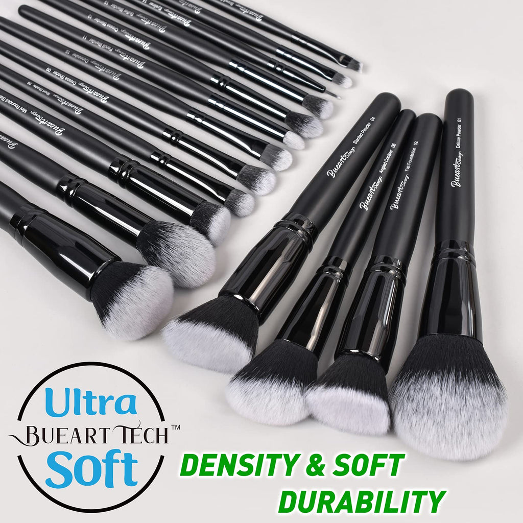 Bueart Design 19Pcs Ultra Soft Black Labeled Dense Hair Makeup Brushes Set