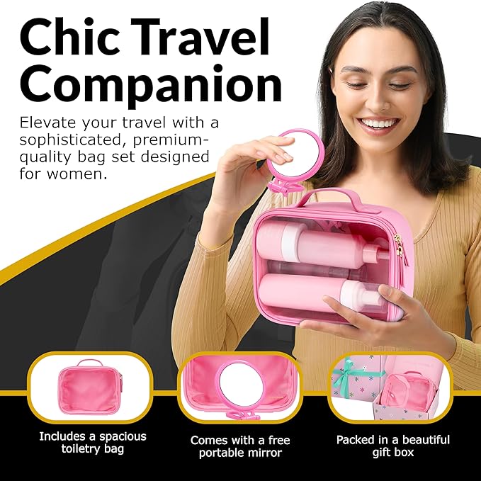 Pink Clear Makeup Bag, Travel Cosmetic Pouch with Transparent Front, Quart Size Toiletry Organizer for Women, Girls & Teens, Cute Makeup Case