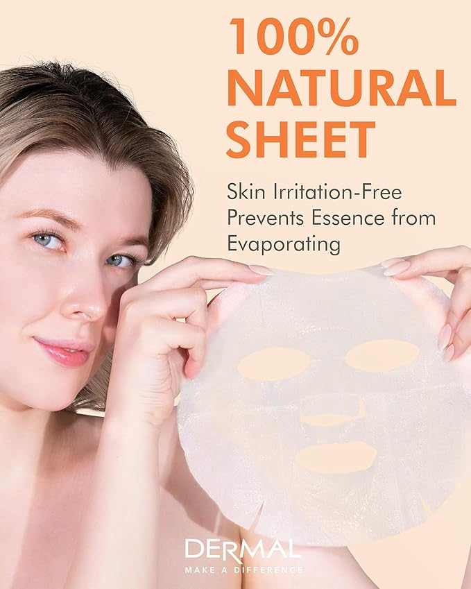 DERMAL Apricot Collagen Korean Essence Sheet Mask, Radiance, 23g, 10 Pack