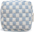 FFpaw Small Blue Makeup Bag for Purse, Mini Checkered Cosmetic Bag Zipper Cute Make Up Pouch Travel Toiletry Case Quilted Aesthetic Accessories Makeup Storage Bag Organizer for Women