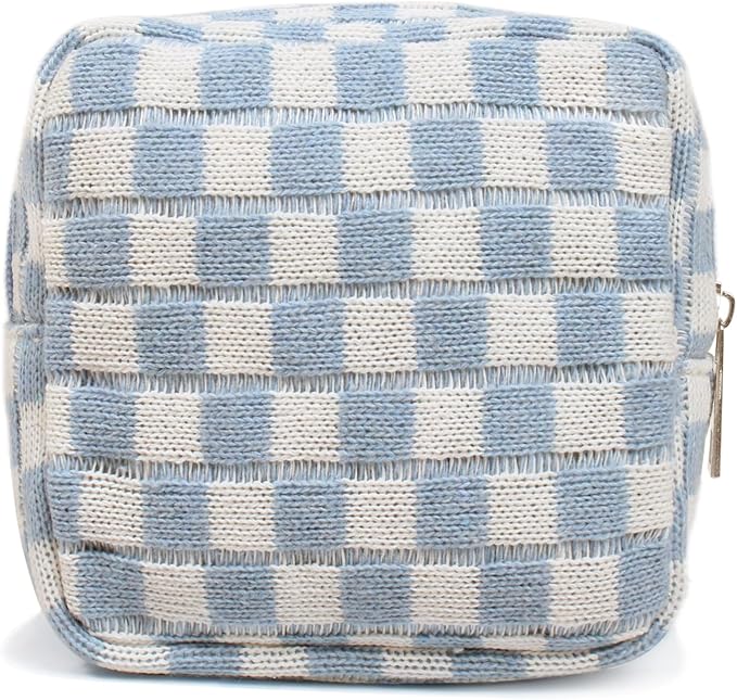 FFpaw Small Blue Makeup Bag for Purse, Mini Checkered Cosmetic Bag Zipper Cute Make Up Pouch Travel Toiletry Case Quilted Aesthetic Accessories Makeup Storage Bag Organizer for Women