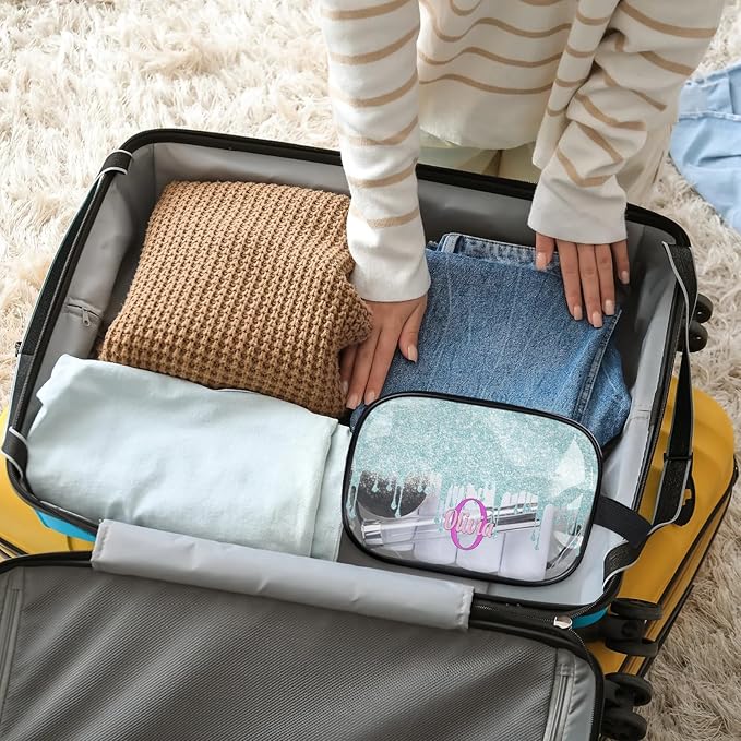 KFNHN Custom Clear Makeup Toiletry Bag, Personalized Travel Cosmetic Organizer Case Portable Bag with Zipper, Lavender Purple, Light Blue Curtain Glittering