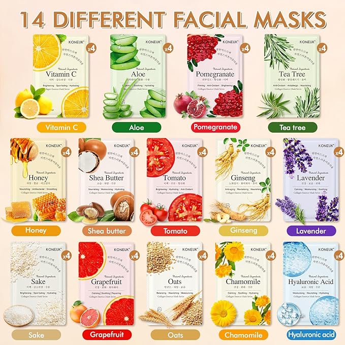 KONEUK 56 Pack Sheet Face Masks Skincare for Women, Hydrating Face Masks Suitable for Most Skin Types, Bulk Facial Mask Gifts Set for Skin Care, Home Skincare Spa Favors