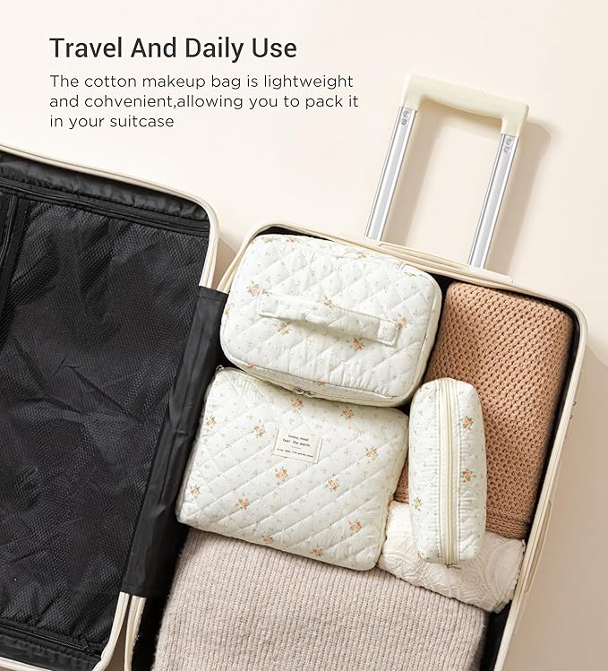 HBselect Quilted Makeup Bag, 3Pcs Cotton Large Travel Makeup Bags Organizer