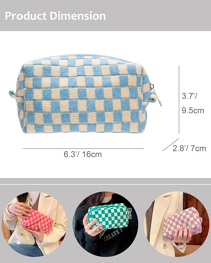 Checkered Makeup Bag for Purse, Small Cosmetic Pouch,Blue Beige,6 Pack
