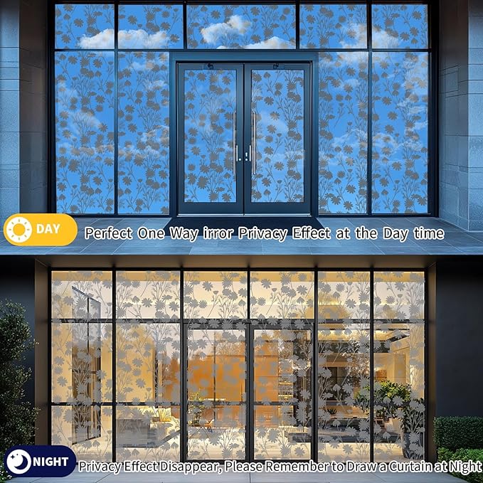 One Way Privacy Film, Window Tint for Home,Daytime Reflective, Anti UV Static Cling Sliding Door Coverings No Glue Garage Solar Paper (Black - Silver-Daisy, 35.4 x 157.4 in)