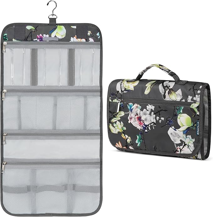 PAVILIA Hanging Toiletry Bag for Women Men, Large Foldable Toiletries Organizer with Hook, Water-Resistant Makeup Cosmetic Rollup Case, Clear Pockets for Bathroom, Gym, Cruise (Floral Grey)