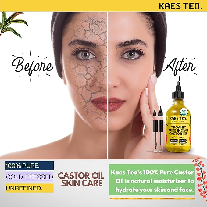 Kaes Teo Organic Castor Oil 100% Pure Cold Pressed 2 Fl Oz Extra Virgin Unrefined Hexane Free - USDA Certified Organic, Golden Castor oil for Face, Skin, Hair, Eyebrows - Boost Hair Growth