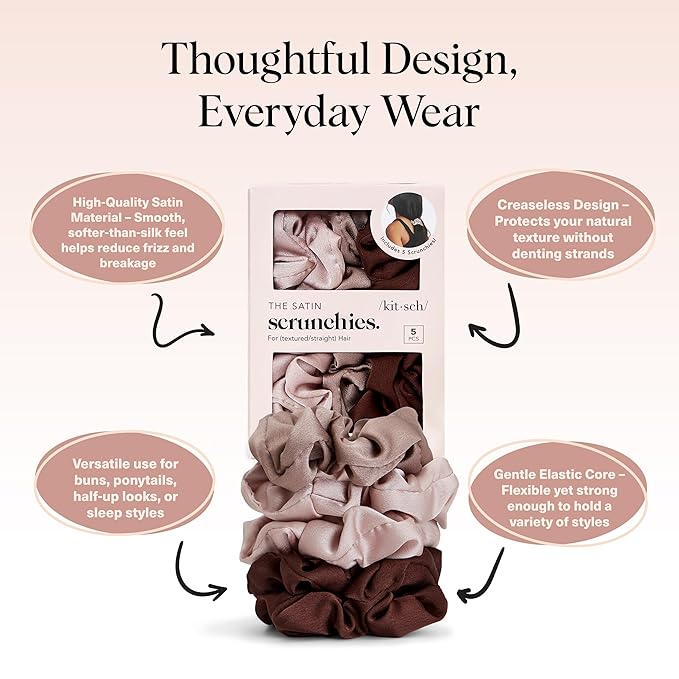 Kitsch Satin Scrunchies for Women - Cameo, 5pcs