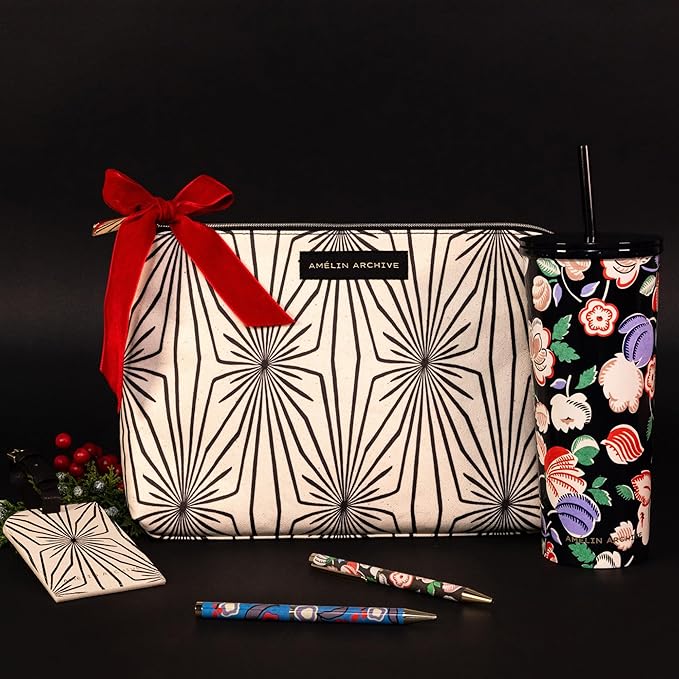 AMÉLIN ARCHIVE Large Canvas Zipper Pouch, Vintage Inspired Pencil Case for Adults, Travel Toiletry Bag, Pouch Bag for Supplies, Makeup or Toiletries (Composition)