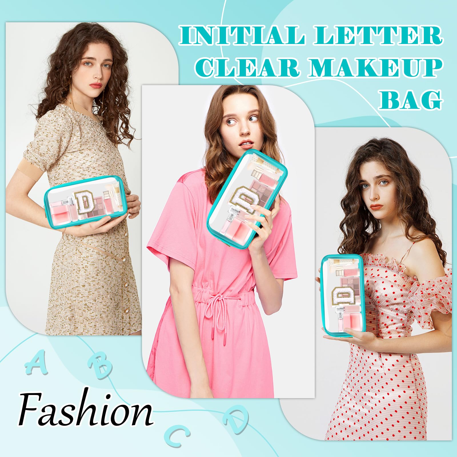 Personalized Initial Letter Clear Makeup Bag,Preppy Small Nylon&PVC Cosmetic Zipper Bag with Chenille Letter,Portable Beach Travel Skincare Toiletry Bag,Trendy Monogram Gift for Teen Girls Women,D