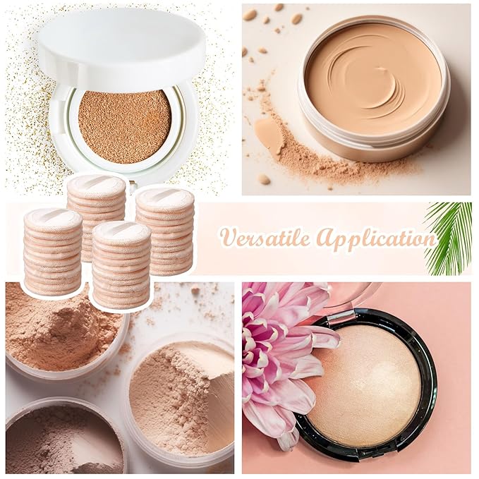SiliFine 40 Pcs Cotton Powder Puffs Bulk Washable, 2.36 Inch Round Makeup Dusting Puff with Ribbon for Loose and Pressed Powder Face Body Cosmetic, Beige
