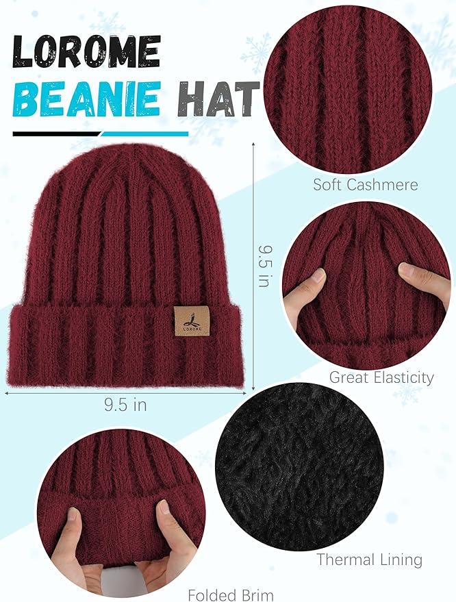 LOROME Winter Beanie Hat Gloves Scarf, Cashmere Hat Gloves Scarf Set Women