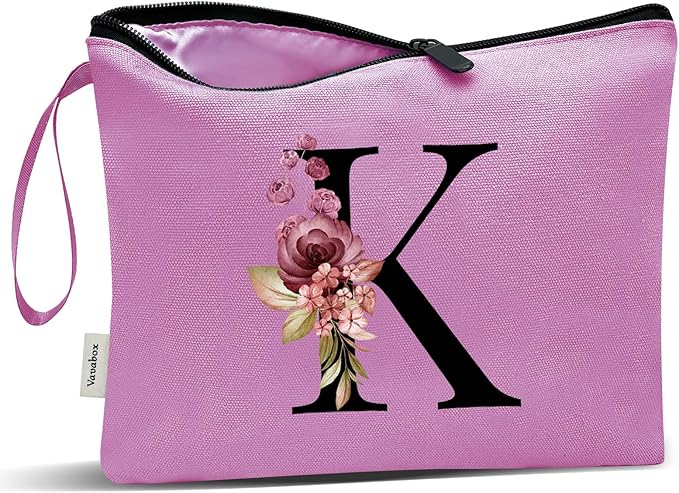 Vavabox A-Z Personalized Makeup Bag, Birthday Gifts for Women Mom, Gifts for Best Friend, Bride Bridesmaid Cosmetic bag (K, 07-Purple)