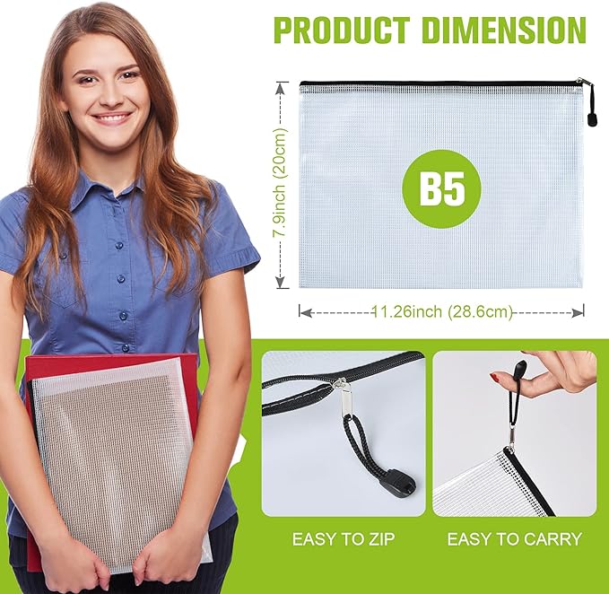 12PCS Mesh Zipper Pouch Bags: B5 Clear Zipper Pouches for Classroom, Black