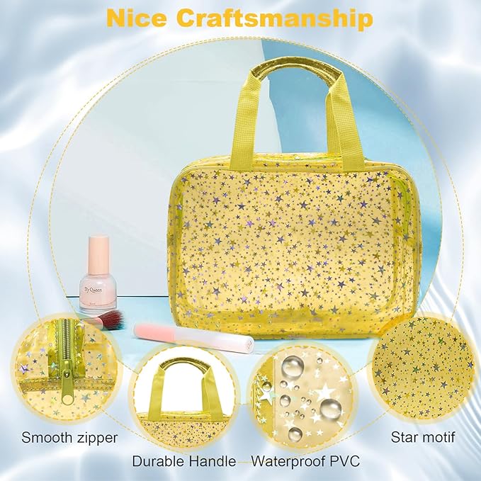 Junesters Clear Yellow Star Large Makeup Bag with Star Pattern 12x5x8 inch, Travel Cosmetic Bag with Handle, Durable PVC Material Washbag Zipper Opening Design for Makeup Travel Organizer or Gym Use