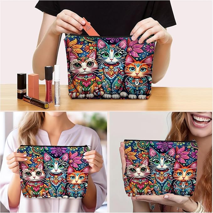 Girlly Bohemian Cat Mom Makeup Bag For Women & Teen Girl Cat Lover Gifts. Cute Boho Cats Themed Cosmetic & Toiletry Organizer Pouch For Daughters, Sisters, Friends.Ideal Gift For Travel, Christmas.