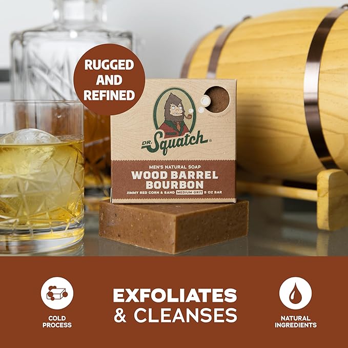 Dr. Squatch Natural Men’s Bar Soap - Cold Process Body Soap Bar with Natural Oils - Gifts for Men - Wood Barrel Bourbon (5 oz, 3-Pack)