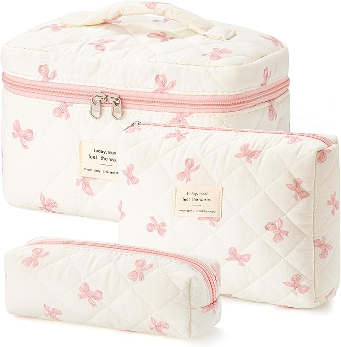 HBselect Quilted Makeup Bag, 3Pcs Cotton Large Travel Makeup Bags Organizer