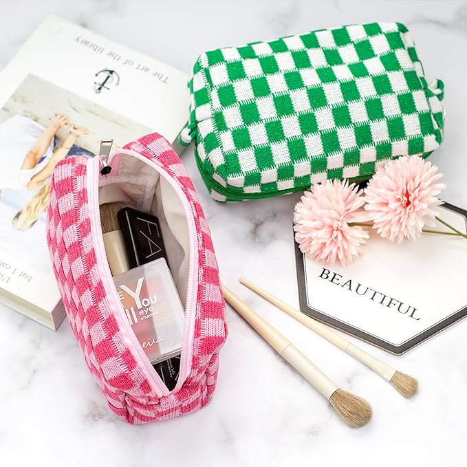 PAZIMIIK Checkered Makeup Bag for Purse Portable Zipper Make Up Pouch Small Cosmetic Case for Travel Accessories (Hotpink)