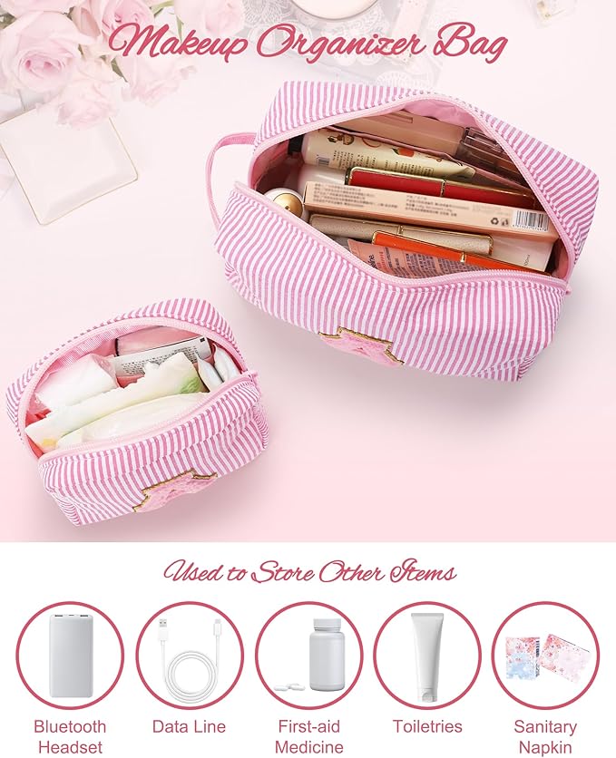Initial Makeup Bag Cosmetic Bag Bridal Shower Gifts - Bridesmaid Bag,Bridesmaid Proposal Gifts for Wedding Day,Maid Matron of Honor Gift, Bride to be Gifts,Bachelorette Party Favors,2PCS,Pink T