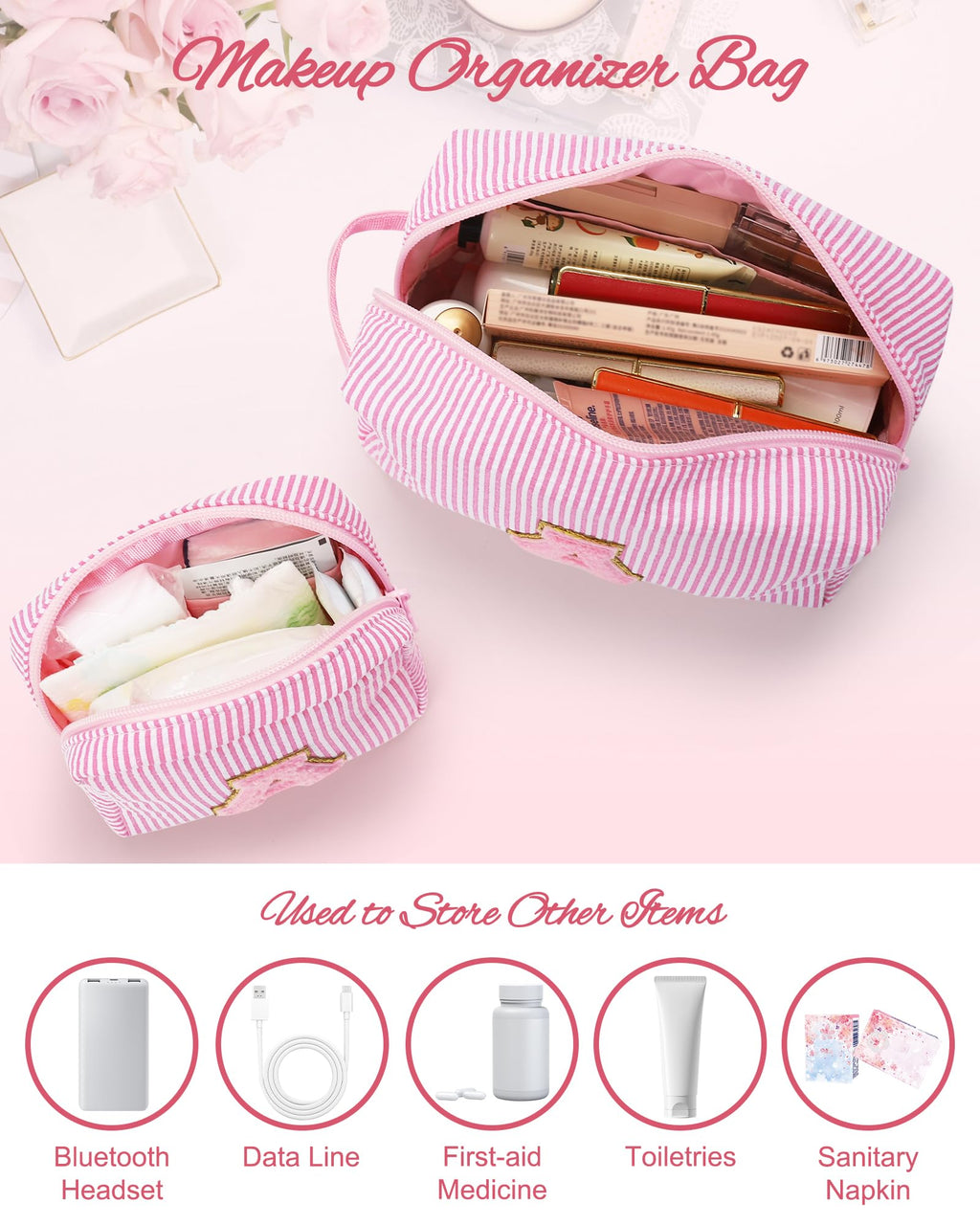 MONSTINA Easter Basket Gifts for Teens,Initial Makeup Bag,Monogram Pouch Personalized Cosmetic Bag for Girls&Women,Cute Letter Make Up Bag, Pink A