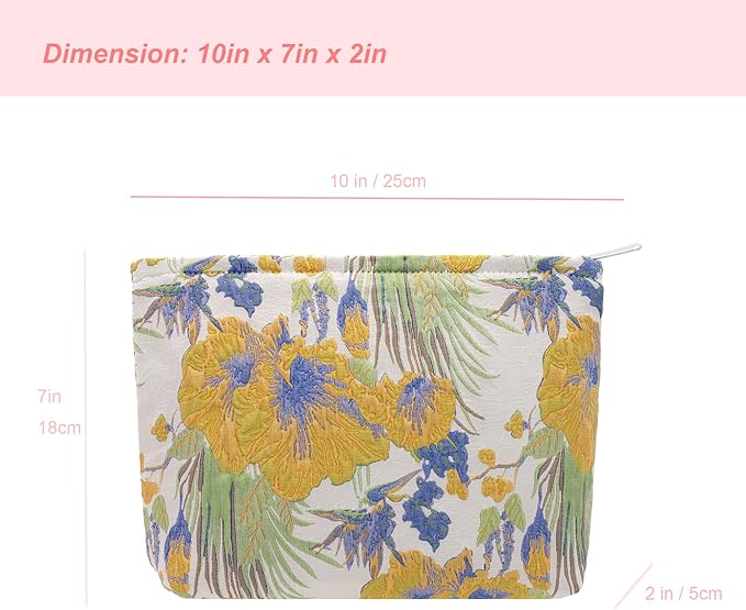 Flat Makeup Bag for Women,Zipper Cosmetic Pouch Purse,Brocade Flower Yellow