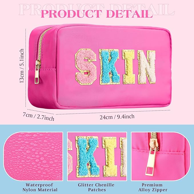 Cunno Preppy Makeup Bags Chenille Letter Stuff Bag Nylon Cosmetic Pouch Cases with Zipper for Women Travel Toiletry(Cute Color,Vivid,4 Pcs)
