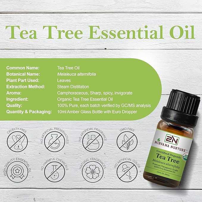 Nirvana Nurture Tea Tree Essential Oil, USDA Certified Organic, 100% Pure Undiluted, Aromatherapy Oil for Diffuser, Hair & Skin Care