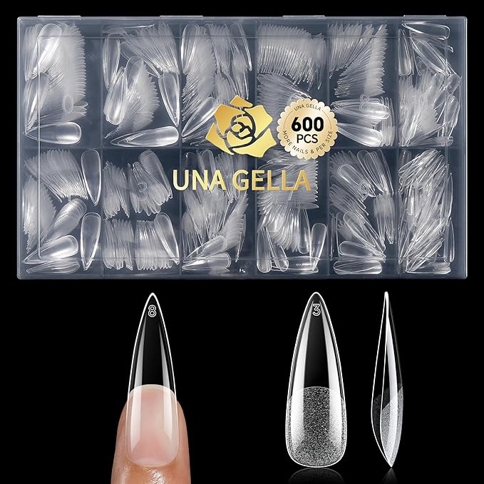 UNA GELLA Long Stiletto Gel Nail Tips 600Pcs Pre Etched Long Stiletto Almond Nail Tips Clear Fake Nails Press on Nails No C Curve for DIY Art Salon at Home 12 Sizes