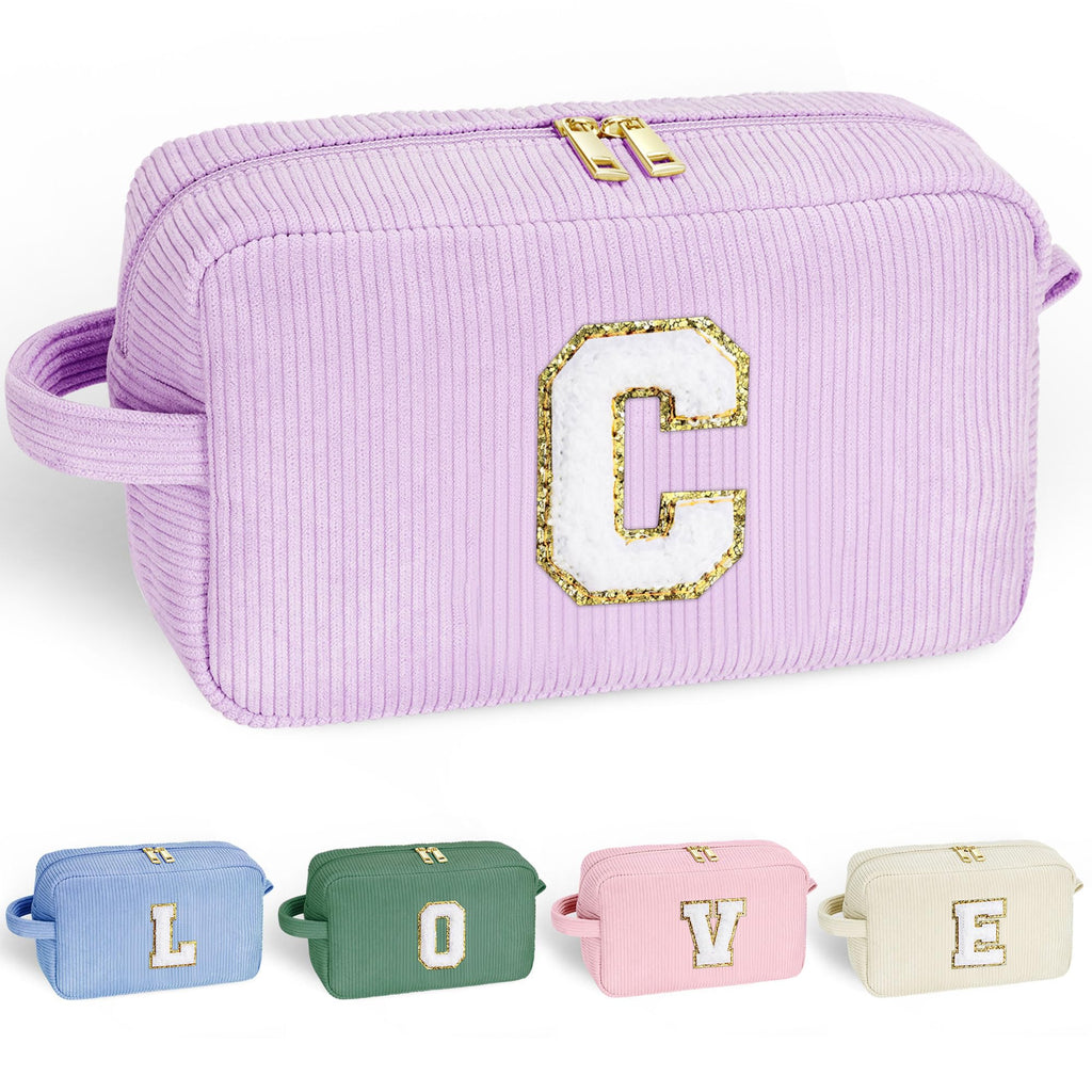YOOLIFE Initial Makeup Bags for Women - Travel Cosmetic Bag Make Up Bag Cute Makeup Bag Travel Essentials Purple Makeup Bag Cute Makeup Bag Wedding Bridesmaid Gifts Girlfriend Gifts for Women Letter C