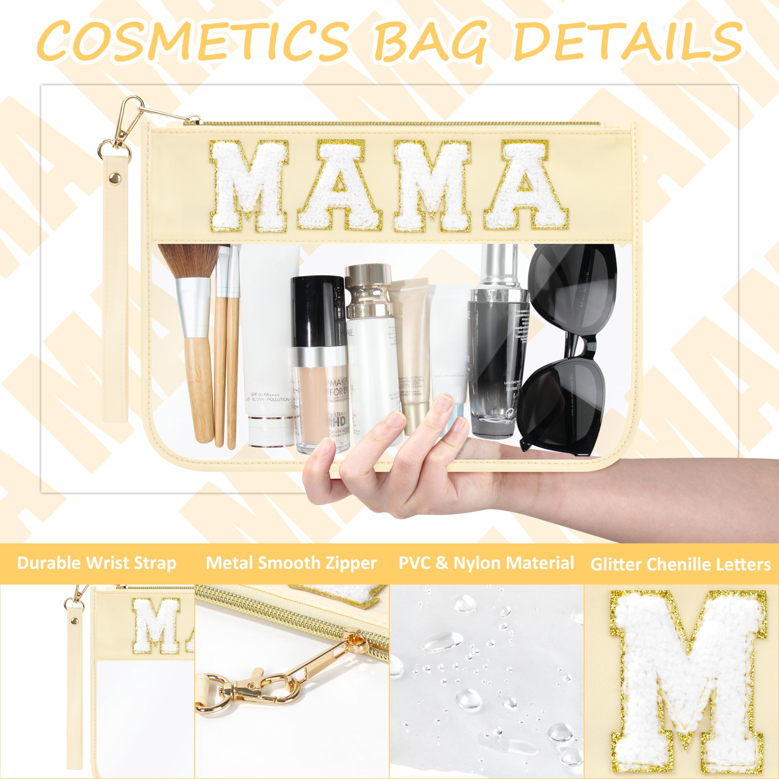 BuyCard 2 Pcs Preppy Patch Clear Mama Bag, Women Chenille Letter Makeup Cosmetic Bag for Travel, PVC Waterproof Organization Outdoor Zipper Pouch Toiletry Bag for Women Girl