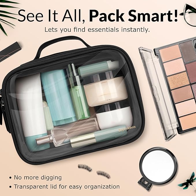 Clear Makeup Bag Set, Travel Cosmetic Bags with Transparent TPU Front, 3PCS (Large & Small Pouches + Compact Mirror), Saffiano PU Leather Toiletry Organizer for Women, Black