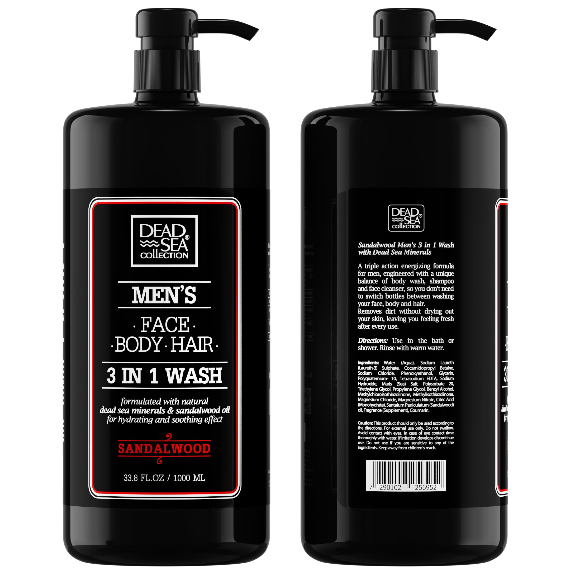 Dead Sea Collection Sandalwood Men’s Body Wash – 3 in 1 Body Wash for Men for Hair, Face & Body – Moisturizing Shower Gel with Dead Sea Minerals – Pack of 2 (33.8 fl oz each)