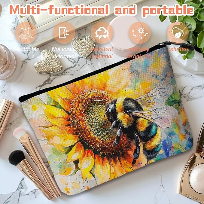 Scribesense Cosmetic Bags Travel Makeup Toilet Case Waterproof Pouch for Women Girls 6.7X9.45inches - Bee on A Sunflower in Watercolor Painting
