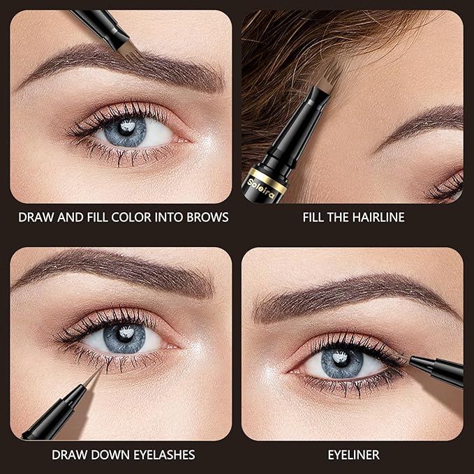 Eyebrow Pen, Soleira Waterproof Eyebrow Pencil with 4 Tip Microblading Eyebrow Pen and Dual-ended Eyebrow Brush, for Natural-Looking Brows, Long-Lasting, DNSO Dark Brown