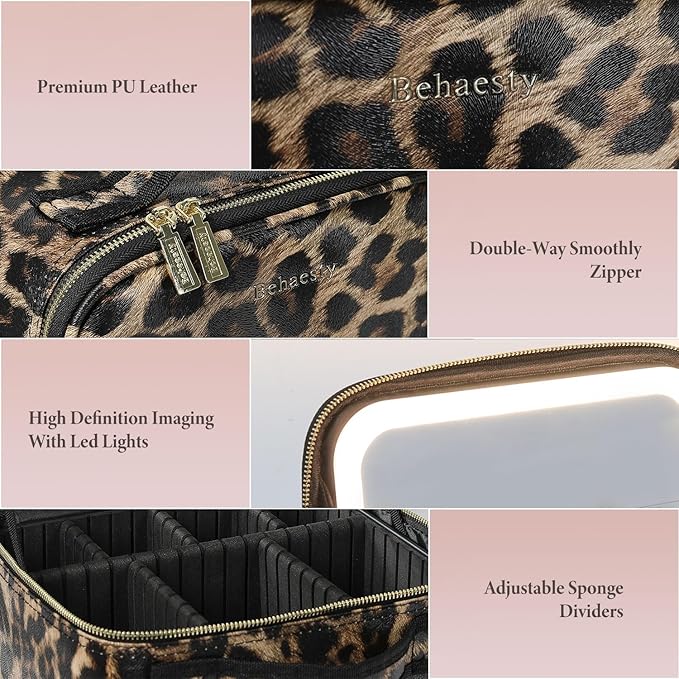 Behaesty Travel Makeup Bag with LED Lighted Mirror, Cosmetic Makeup Organizer Bag with 3 Color Setting, Makeup Train Case with Adjustable Dividers for Women Makeup Brushes Jewelry Accessories