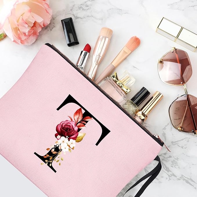 Vavabox A-Z Personalized Makeup Bag, Birthday Gifts for Women Mom, Gifts for Best Friend, Bride Bridesmaid Cosmetic bag (T, 06-Pink)