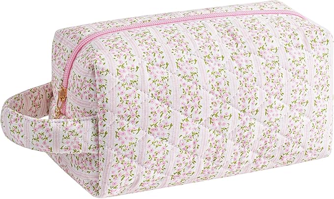 HHQQWZ Makeup Bag Travel Cosmetic Bag for Women, Zipper Make Up Pouch, Floral Flowers Toiletry Organizer Makeup with Handle, Cosmetic Travel Cloth Bag (Pink Floral)